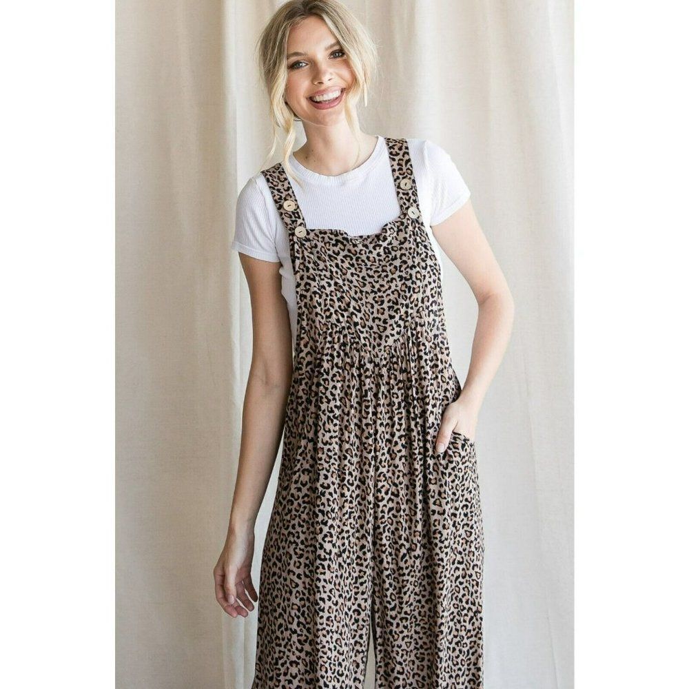 JODIFL Leopard Print Overalls Slouchy Oversized W/ Side Pockets Taupe G4454-1 - Picture 3 of 7